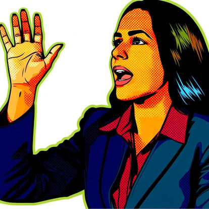 A debater raising her hand in the air